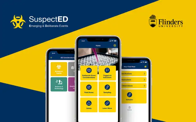 SuspectED app screens, built by PixelForce for Flinders University