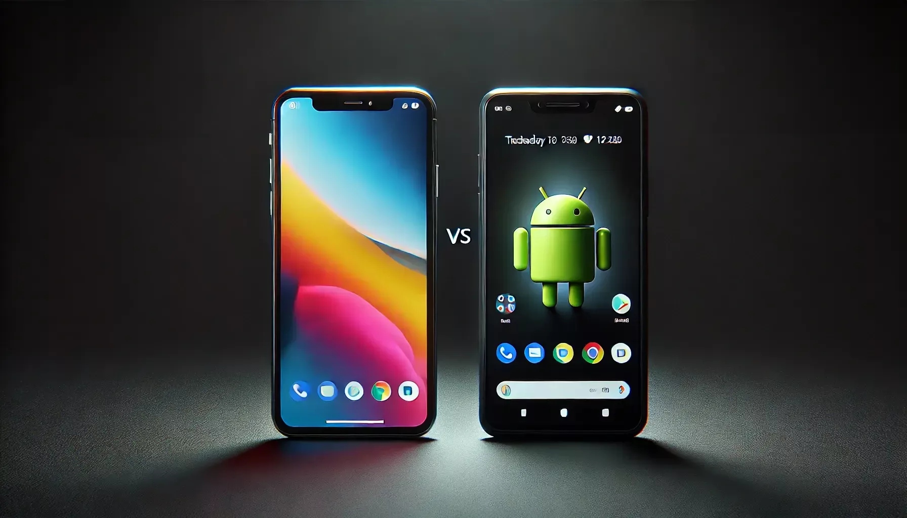 One i Phone and one Android phone facing each other on a solid black background