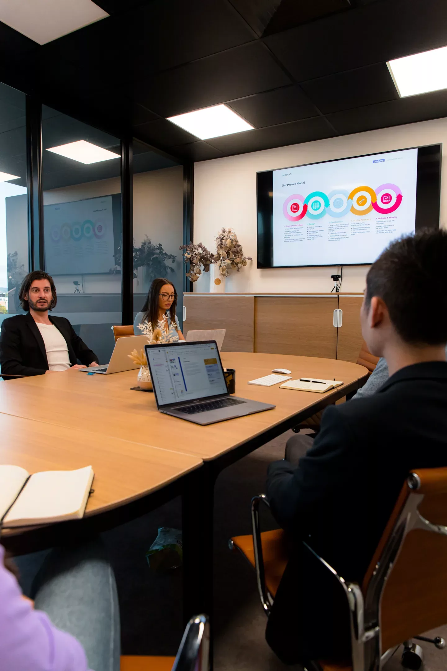 A PixelForce project team in the Kent Town boardroom with a product process diagram on the wall screen